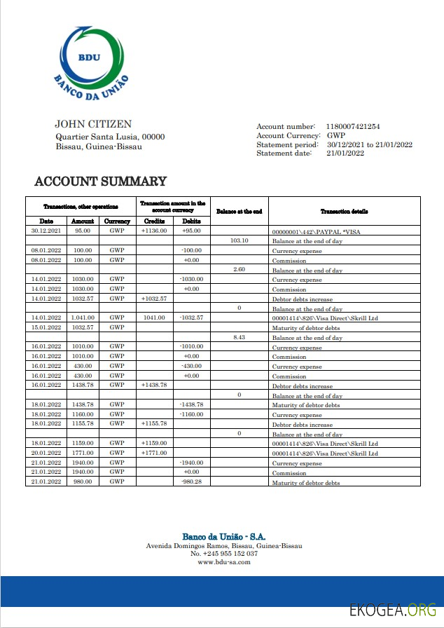 Relevé bancaire de Guinée Bissau Banco da Uniao